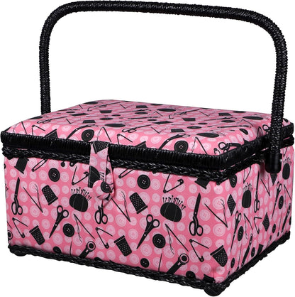 07276 Sewing Basket with Sewing Kit Accessories, Pink & Black