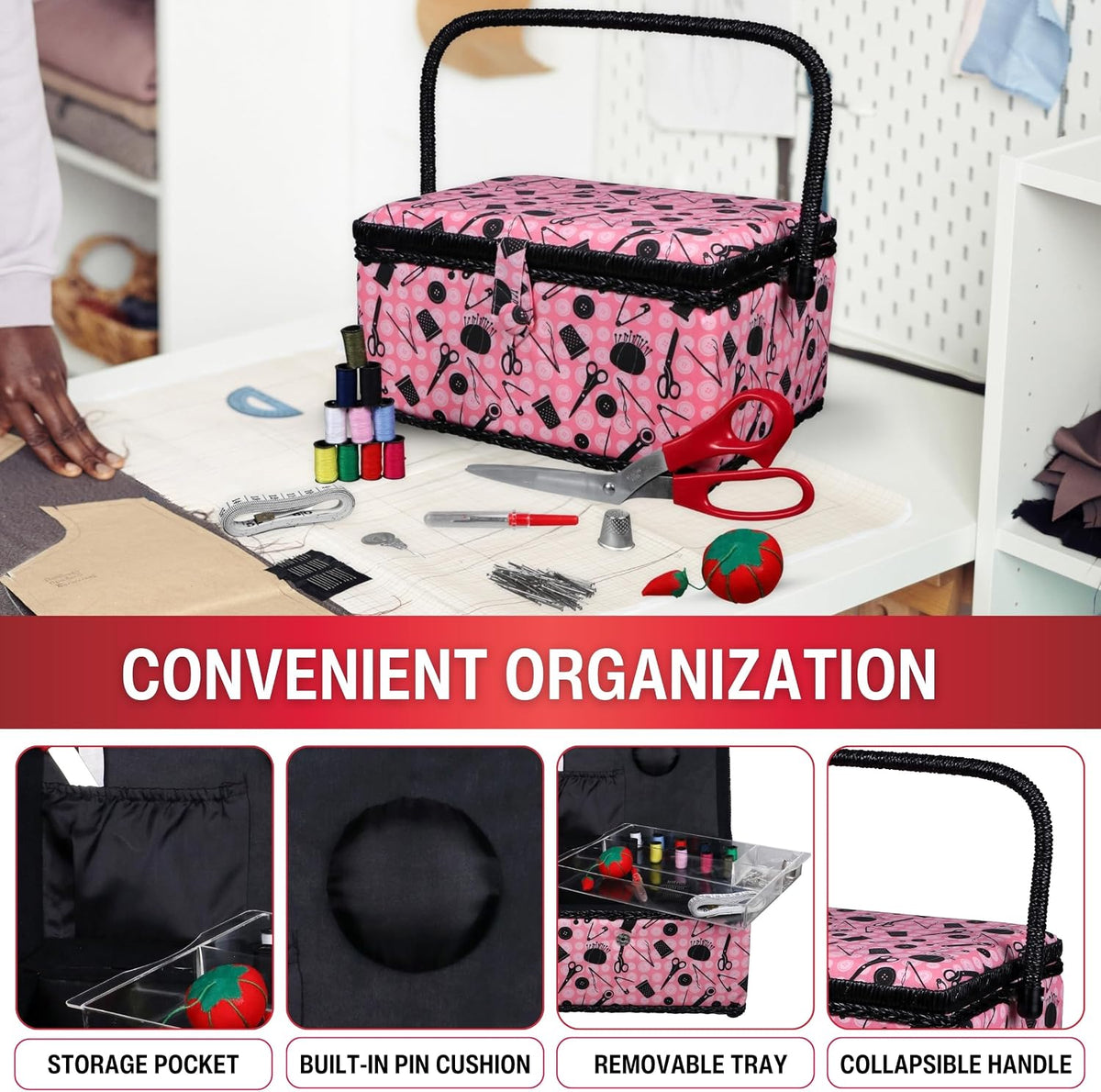 07276 Sewing Basket with Sewing Kit Accessories, Pink & Black