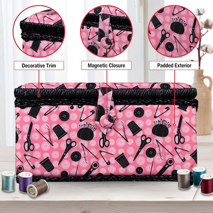 07276 Sewing Basket with Sewing Kit Accessories, Pink & Black