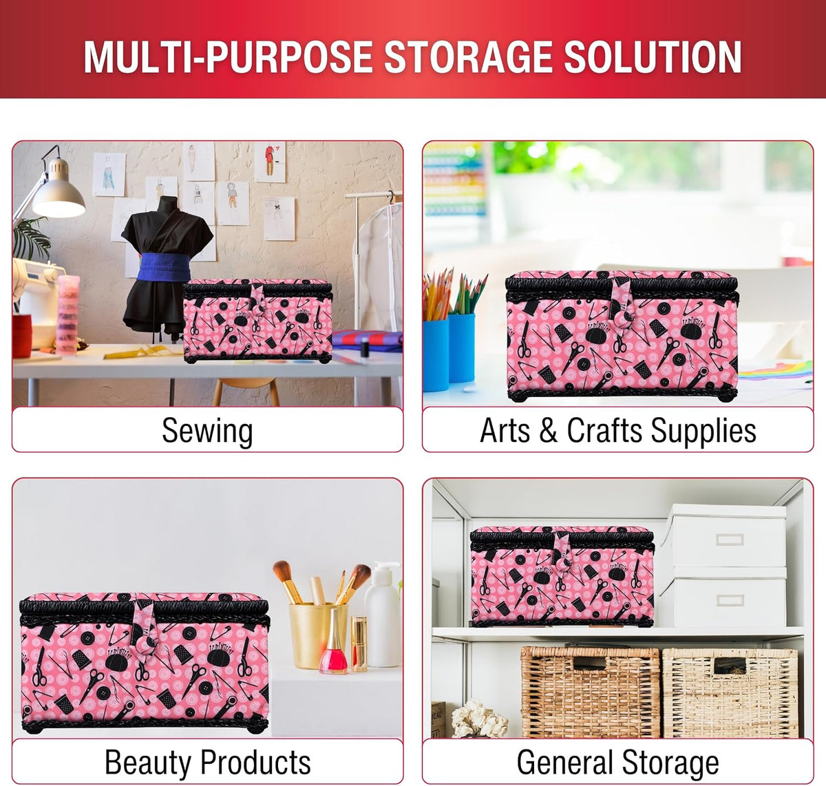 07276 Sewing Basket with Sewing Kit Accessories, Pink & Black