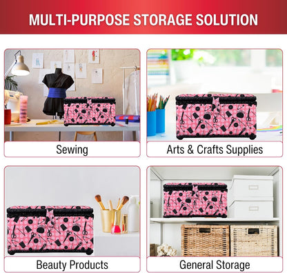 07276 Sewing Basket with Sewing Kit Accessories, Pink & Black