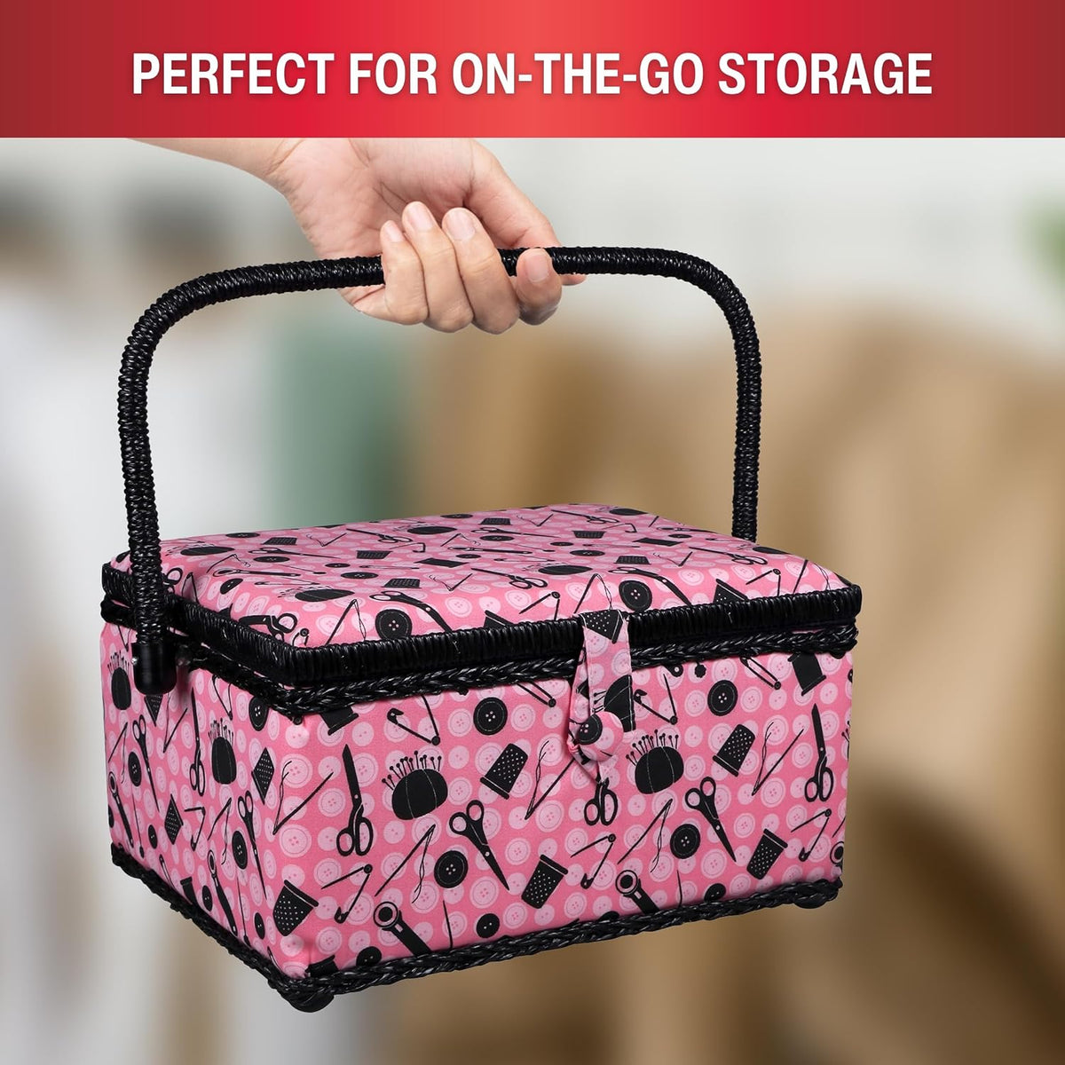 07276 Sewing Basket with Sewing Kit Accessories, Pink & Black
