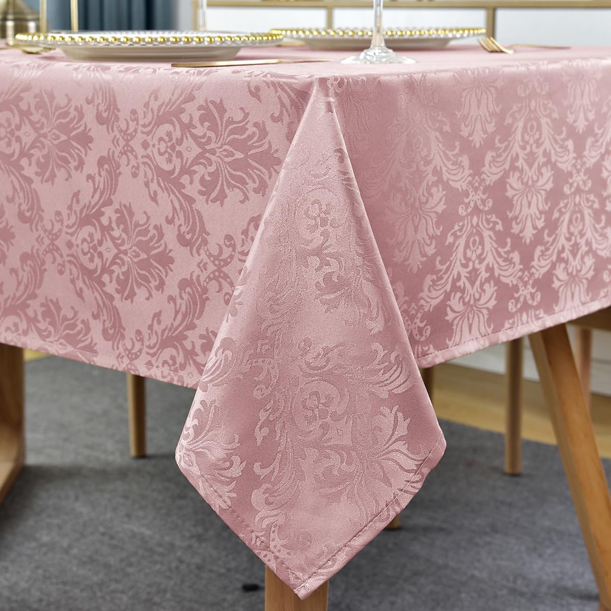 Floral Jacquard Tablecloth Rectangle 60 x 84 Inch, Pink
