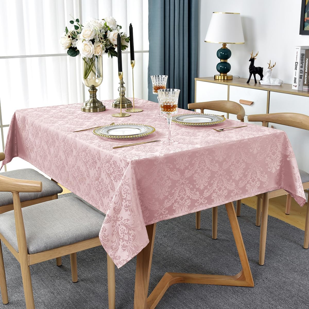 Floral Jacquard Tablecloth Rectangle 60 x 84 Inch, Pink