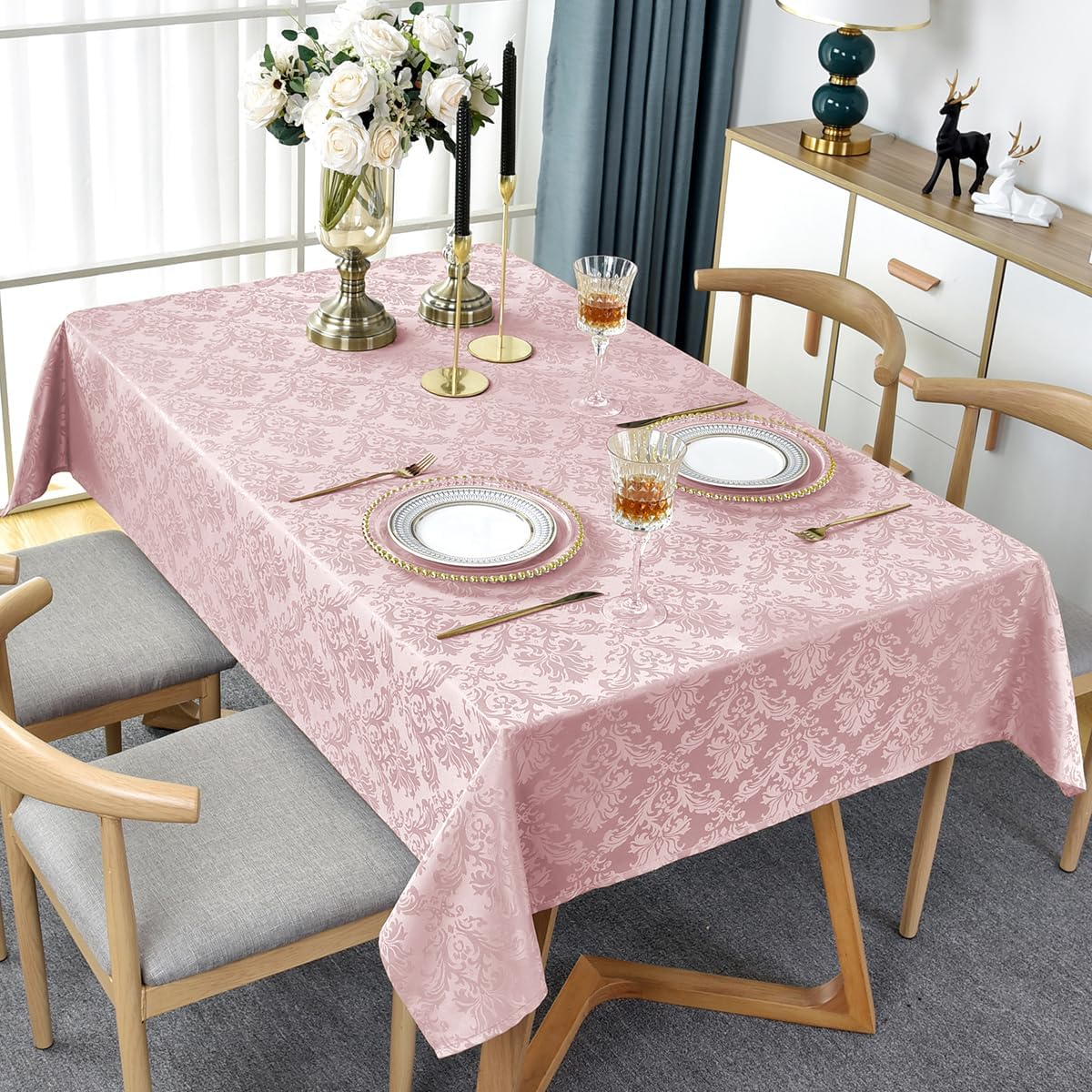 Floral Jacquard Tablecloth Rectangle 60 x 84 Inch, Pink