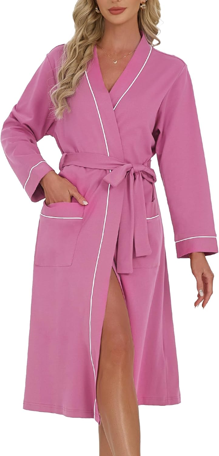 Womens Organic Cotton Robe, Soft Lightweight Long Kimono Bathrobe