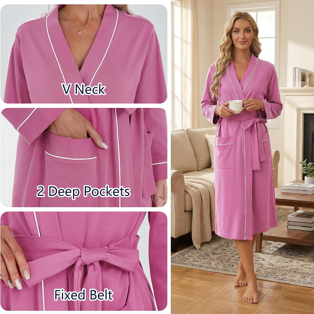 Womens Organic Cotton Robe, Soft Lightweight Long Kimono Bathrobe
