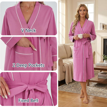 Womens Organic Cotton Robe, Soft Lightweight Long Kimono Bathrobe