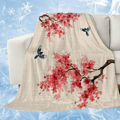 Cooling Blanket for Hot Sleepers, Peach Blossoms Lightweight Breathable Summer Blanket, Spring Summer Floral Birds Burlap Rustic Double-Side Cool Throw Blankets for Sleeping Travel, 30"x40"