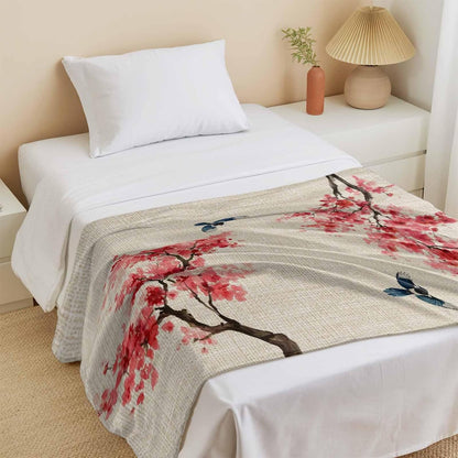 Cooling Blanket for Hot Sleepers, Peach Blossoms Lightweight Breathable Summer Blanket, Spring Summer Floral Birds Burlap Rustic Double-Side Cool Throw Blankets for Sleeping Travel, 30"x40"