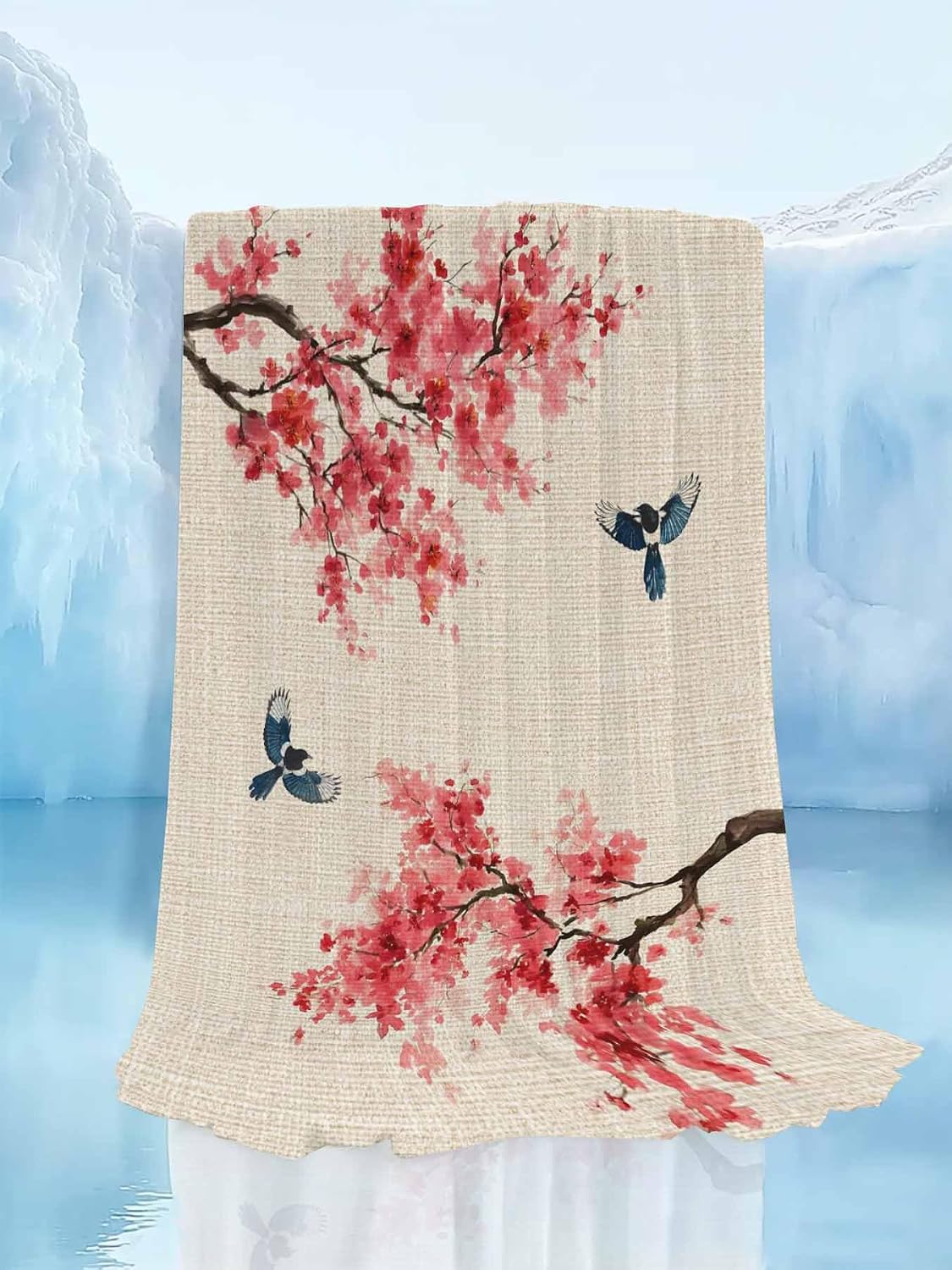Cooling Blanket for Hot Sleepers, Peach Blossoms Lightweight Breathable Summer Blanket, Spring Summer Floral Birds Burlap Rustic Double-Side Cool Throw Blankets for Sleeping Travel, 30"x40"