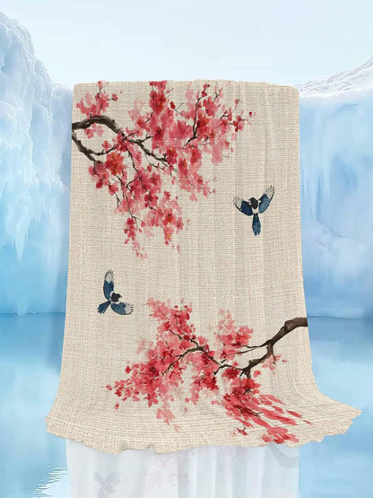 Cooling Blanket for Hot Sleepers, Peach Blossoms Lightweight Breathable Summer Blanket, Spring Summer Floral Birds Burlap Rustic Double-Side Cool Throw Blankets for Sleeping Travel, 30"x40"