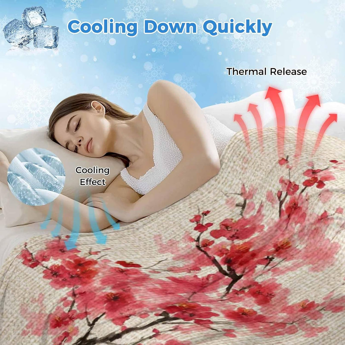 Cooling Blanket for Hot Sleepers, Peach Blossoms Lightweight Breathable Summer Blanket, Spring Summer Floral Birds Burlap Rustic Double-Side Cool Throw Blankets for Sleeping Travel, 30"x40"