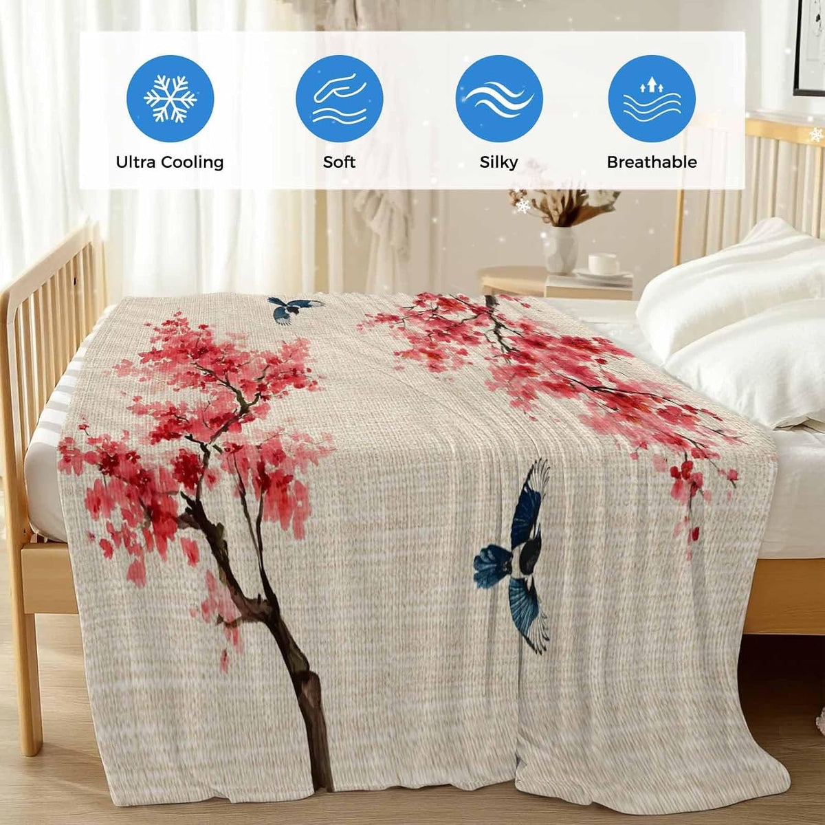 Cooling Blanket for Hot Sleepers, Peach Blossoms Lightweight Breathable Summer Blanket, Spring Summer Floral Birds Burlap Rustic Double-Side Cool Throw Blankets for Sleeping Travel, 30"x40"