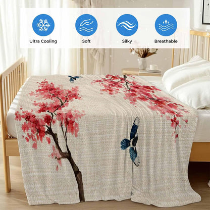 Cooling Blanket for Hot Sleepers, Peach Blossoms Lightweight Breathable Summer Blanket, Spring Summer Floral Birds Burlap Rustic Double-Side Cool Throw Blankets for Sleeping Travel, 30"x40"
