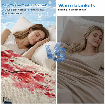 Cooling Blanket for Hot Sleepers, Peach Blossoms Lightweight Breathable Summer Blanket, Spring Summer Floral Birds Burlap Rustic Double-Side Cool Throw Blankets for Sleeping Travel, 30"x40"