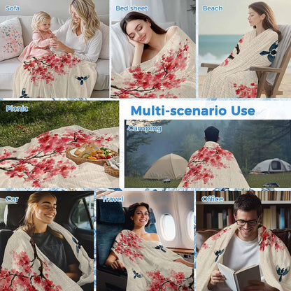 Cooling Blanket for Hot Sleepers, Peach Blossoms Lightweight Breathable Summer Blanket, Spring Summer Floral Birds Burlap Rustic Double-Side Cool Throw Blankets for Sleeping Travel, 30"x40"