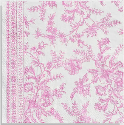 Coterie Pink Toile Dinner Napkins | Cute Napkins In Bright Pink and White Toile, Set of 25, Perfect For Bridal, Baby, Garden, Or Birthday Party | Disposable | 6.5 Inches