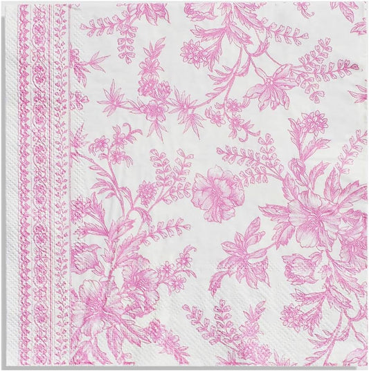 Coterie Pink Toile Dinner Napkins | Cute Napkins In Bright Pink and White Toile, Set of 25, Perfect For Bridal, Baby, Garden, Or Birthday Party | Disposable | 6.5 Inches