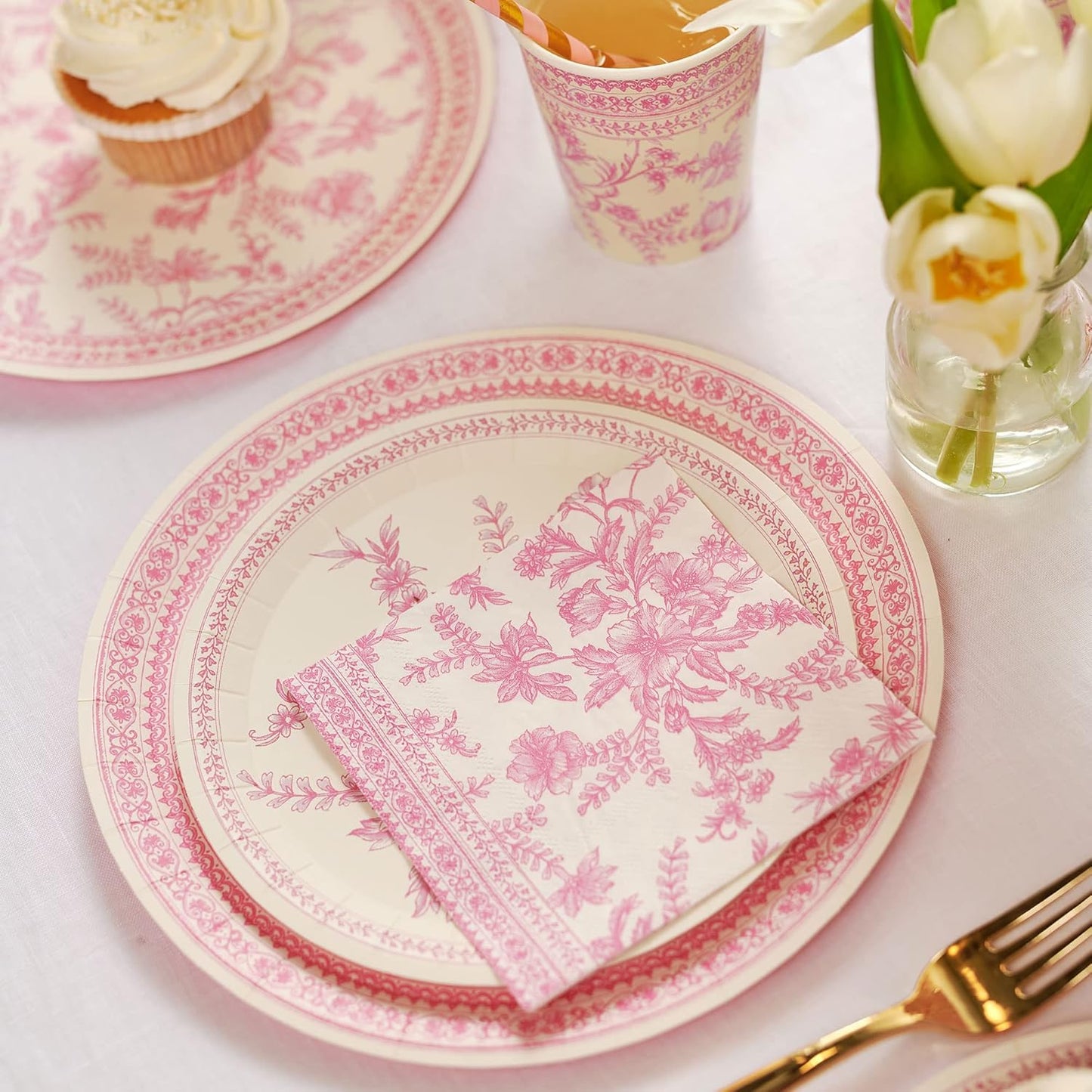 Coterie Pink Toile Dinner Napkins | Cute Napkins In Bright Pink and White Toile, Set of 25, Perfect For Bridal, Baby, Garden, Or Birthday Party | Disposable | 6.5 Inches