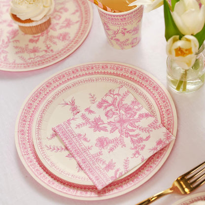 Coterie Pink Toile Dinner Napkins | Cute Napkins In Bright Pink and White Toile, Set of 25, Perfect For Bridal, Baby, Garden, Or Birthday Party | Disposable | 6.5 Inches
