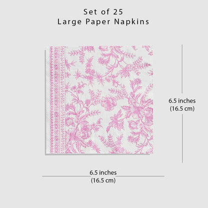 Coterie Pink Toile Dinner Napkins | Cute Napkins In Bright Pink and White Toile, Set of 25, Perfect For Bridal, Baby, Garden, Or Birthday Party | Disposable | 6.5 Inches