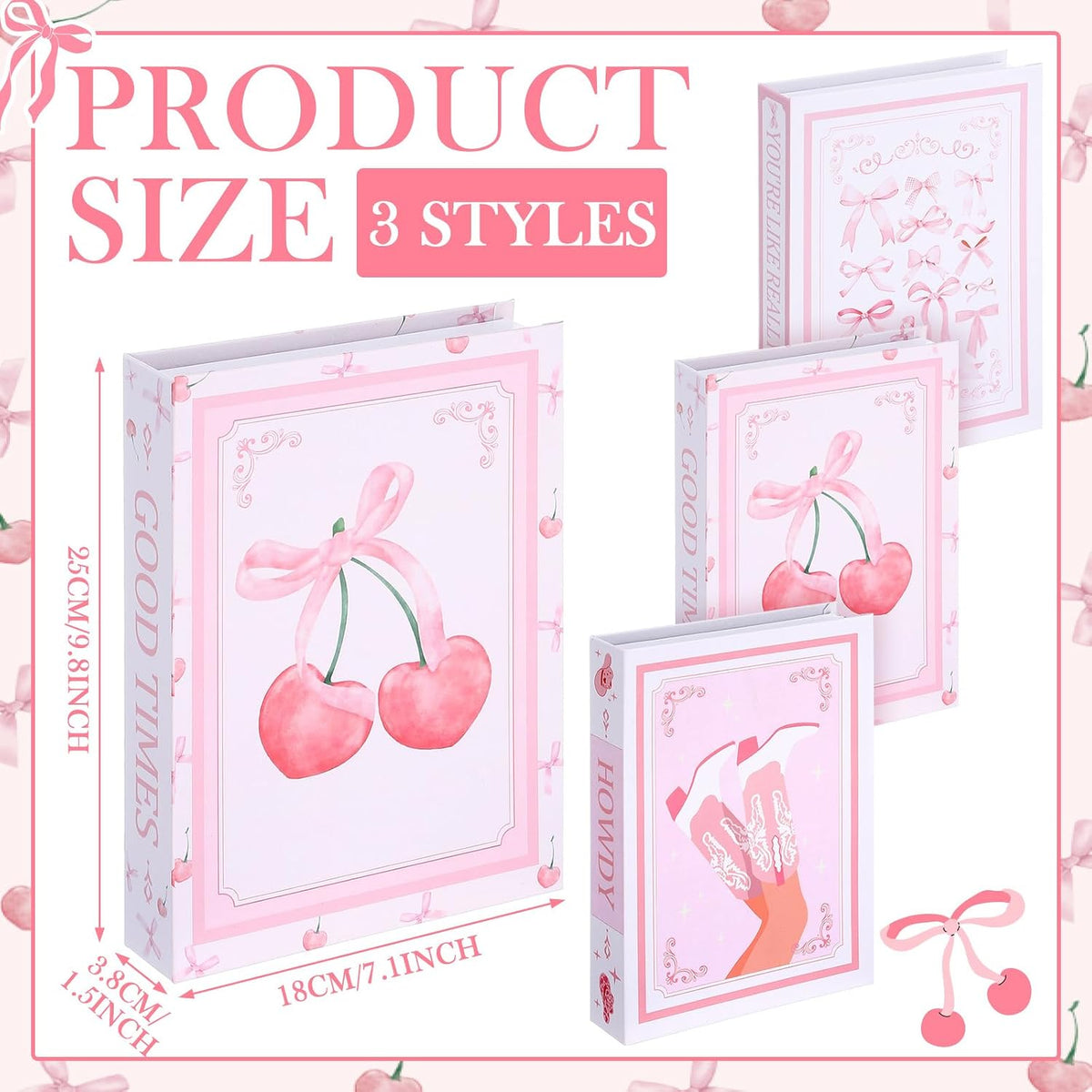3 Pcs Pink Bow Coquette Decorative Fake Books 9.8 Inch Cute Modern