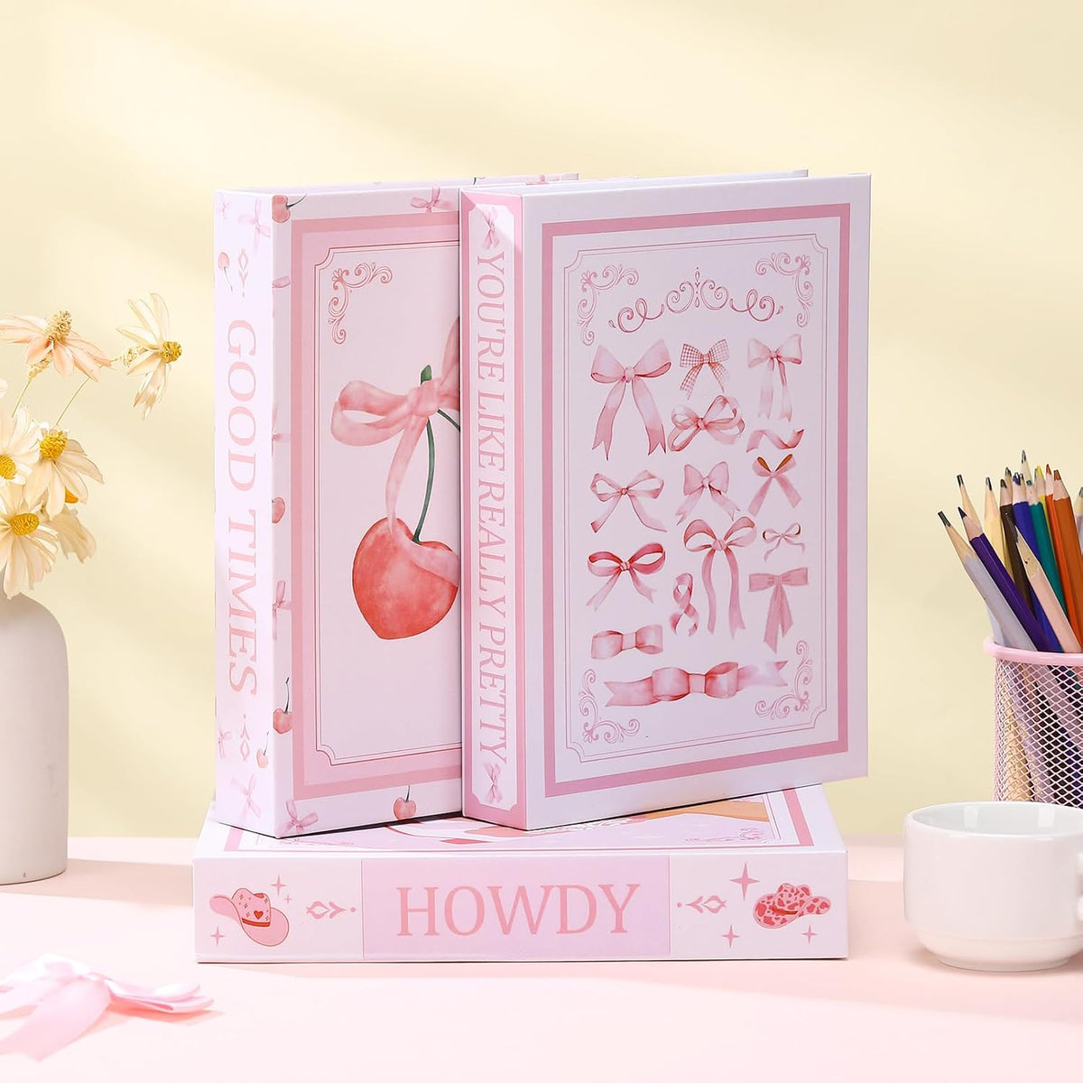 3 Pcs Pink Bow Coquette Decorative Fake Books 9.8 Inch Cute Modern