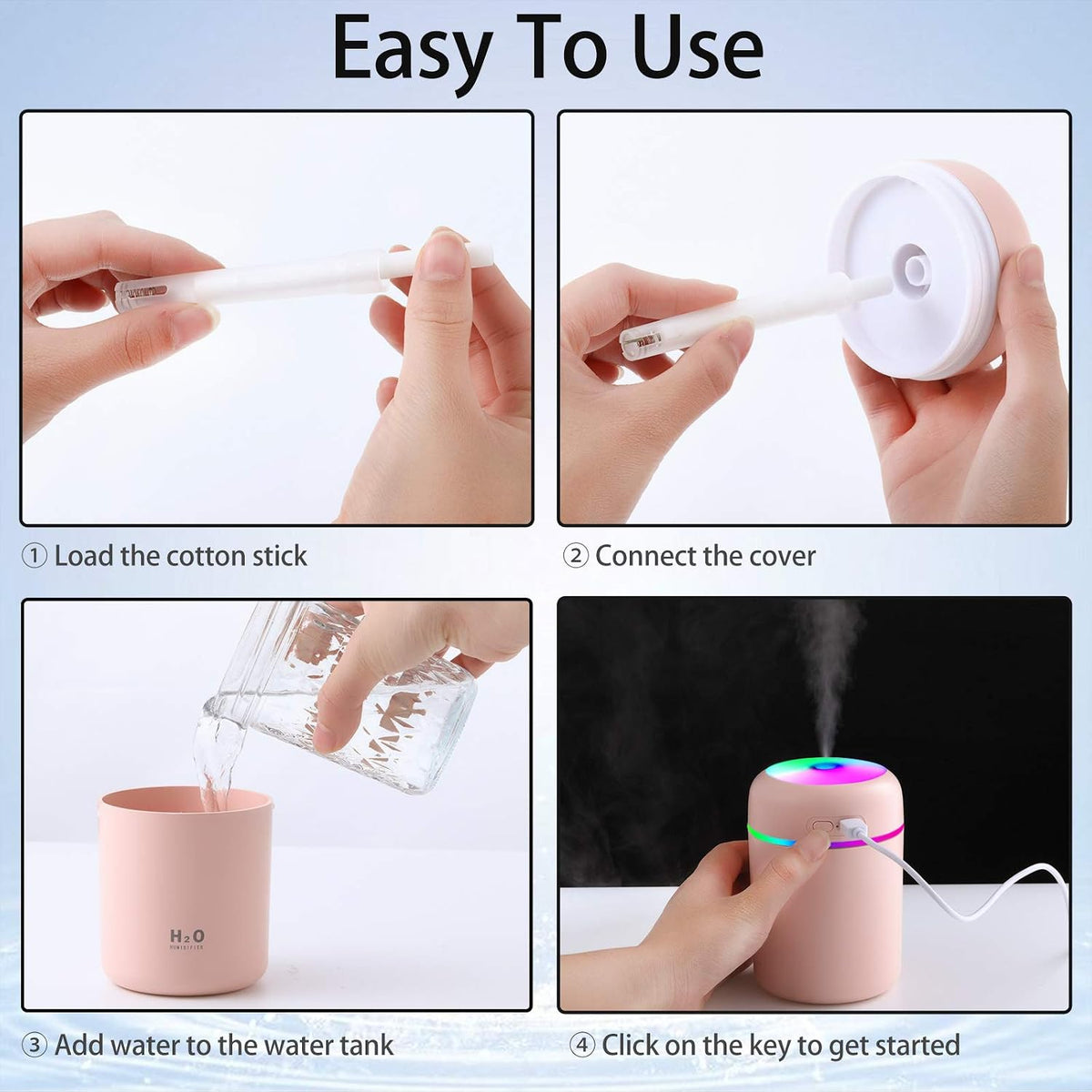 2 Pieces Mini Desktop Humidifier, 300 Ml Cool Mist,Pink, White