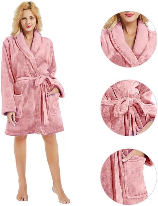 Women Fleece Robe, Short Cozy Plush Robes for Womens Soft Shawl Collar Warm Spa Bathrobe