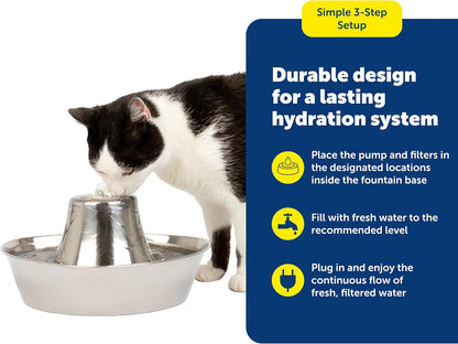 PetSafe Seaside Stainless Steel Cat & Dog Fountain, 60 Oz Water Capacity - 2 Water Filters & 1 Pump Included, Soothing Flow for Pets, Scratch-and Rust-Resistant Material - Quiet Motor