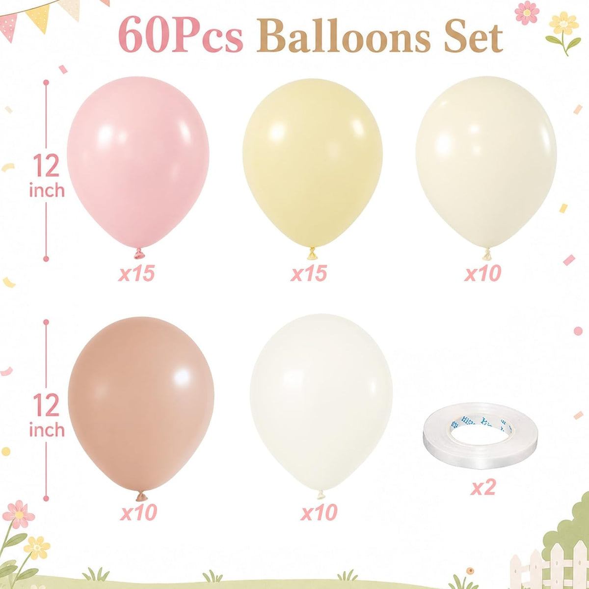 Pink and Yellow Balloons, 60 Pcs 12 Inch Light Pink Yellow Sand White