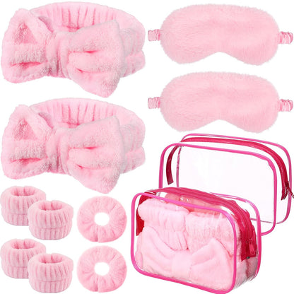 10 Pcs Slumber Party Supplies for Women Spa Sleepover Party Favor Spa Headband Wristband Sleep Eye Mask Velvet Scrunchies for Skin Care Makeup Slumber Night Favor(Pink)