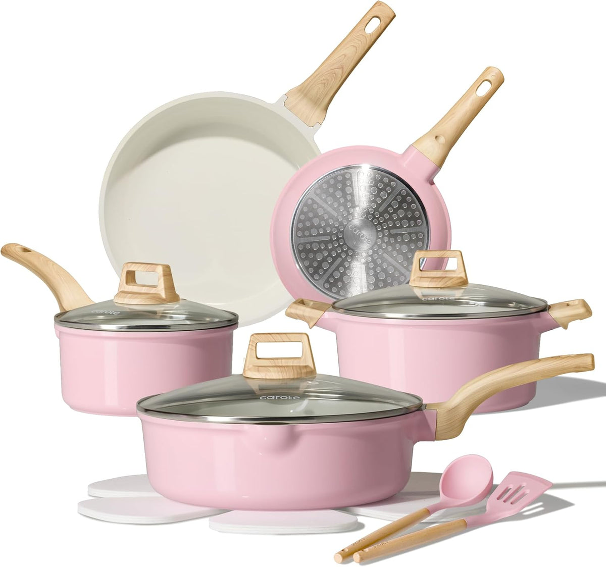 Pots and Pans Set, Ceramic Cookware Set, 14pcs Pink