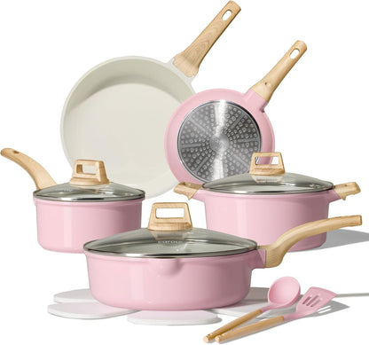 Pots and Pans Set, Ceramic Cookware Set, 14pcs Pink