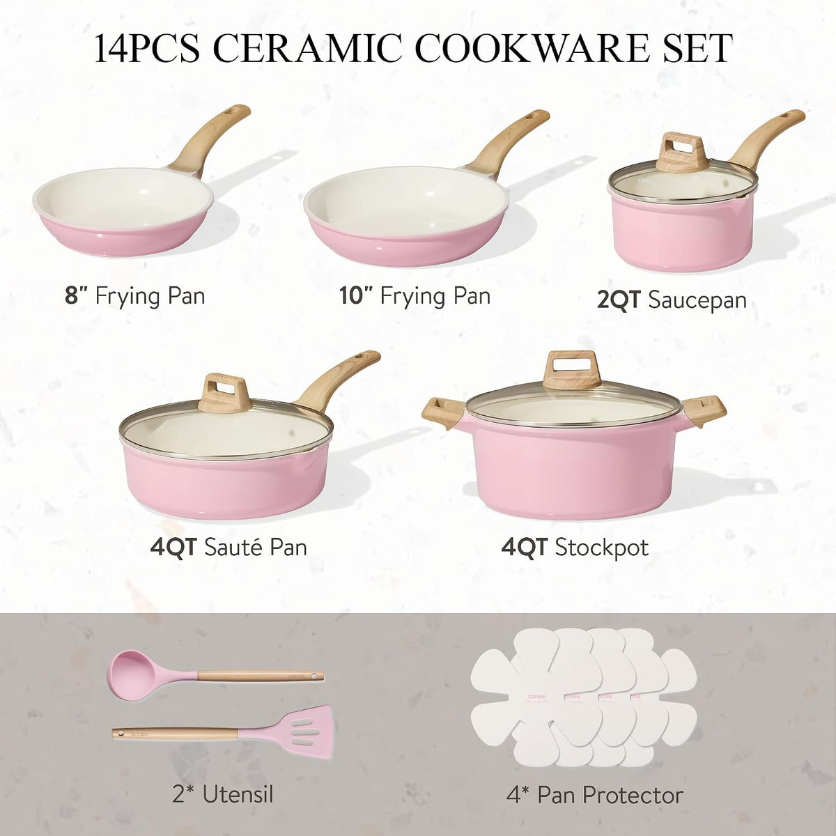 Pots and Pans Set, Ceramic Cookware Set, 14pcs Pink