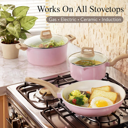 Pots and Pans Set, Ceramic Cookware Set, 14pcs Pink
