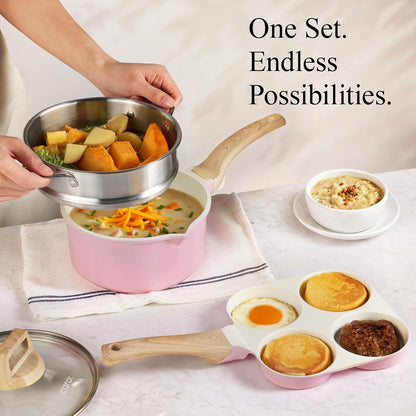 Pots and Pans Set, Ceramic Cookware Set, 14pcs Pink