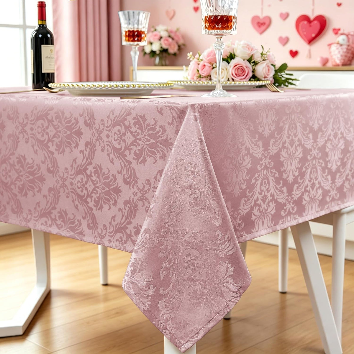 Pink Jacquard Damask Rectangular Tablecloth 60 x 84 Inch