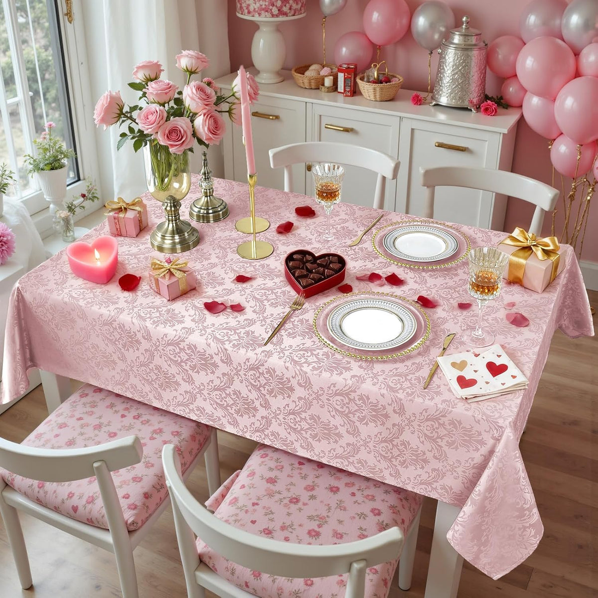 Pink Jacquard Damask Rectangular Tablecloth 60 x 84 Inch