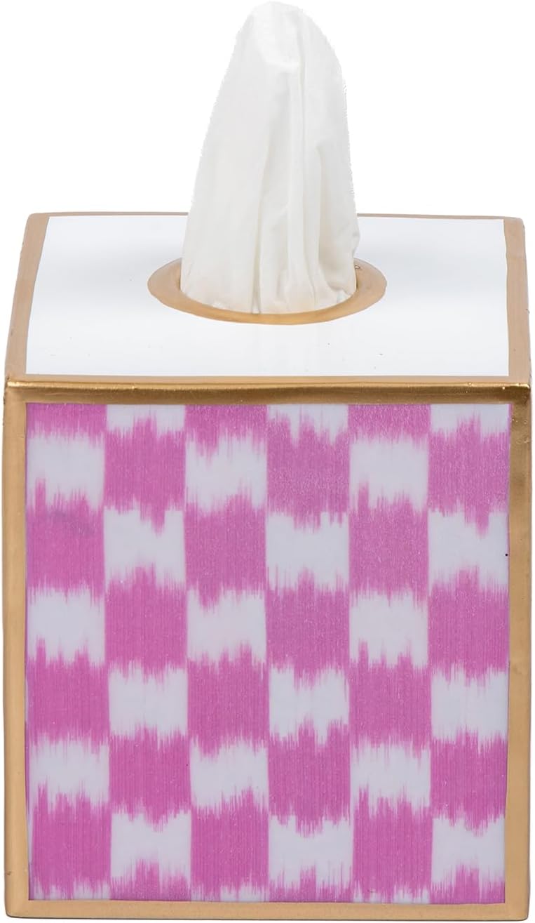 Ikat Checkered Tissue Box Cover Gold Trim, Pink & White Tissue Box Cover Square, Facial Tissue Holder, Enamel Tissue Box Holder for Bathroom Vanity, Bedroom, Office, Checkered Home Decor