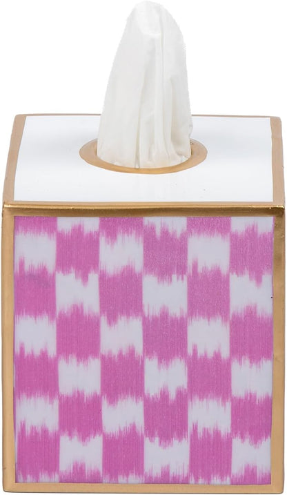 Ikat Checkered Tissue Box Cover Gold Trim, Pink & White Tissue Box Cover Square, Facial Tissue Holder, Enamel Tissue Box Holder for Bathroom Vanity, Bedroom, Office, Checkered Home Decor