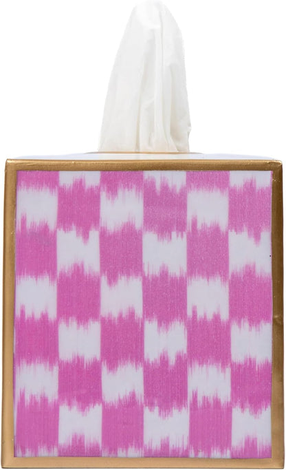 Ikat Checkered Tissue Box Cover Gold Trim, Pink & White Tissue Box Cover Square, Facial Tissue Holder, Enamel Tissue Box Holder for Bathroom Vanity, Bedroom, Office, Checkered Home Decor