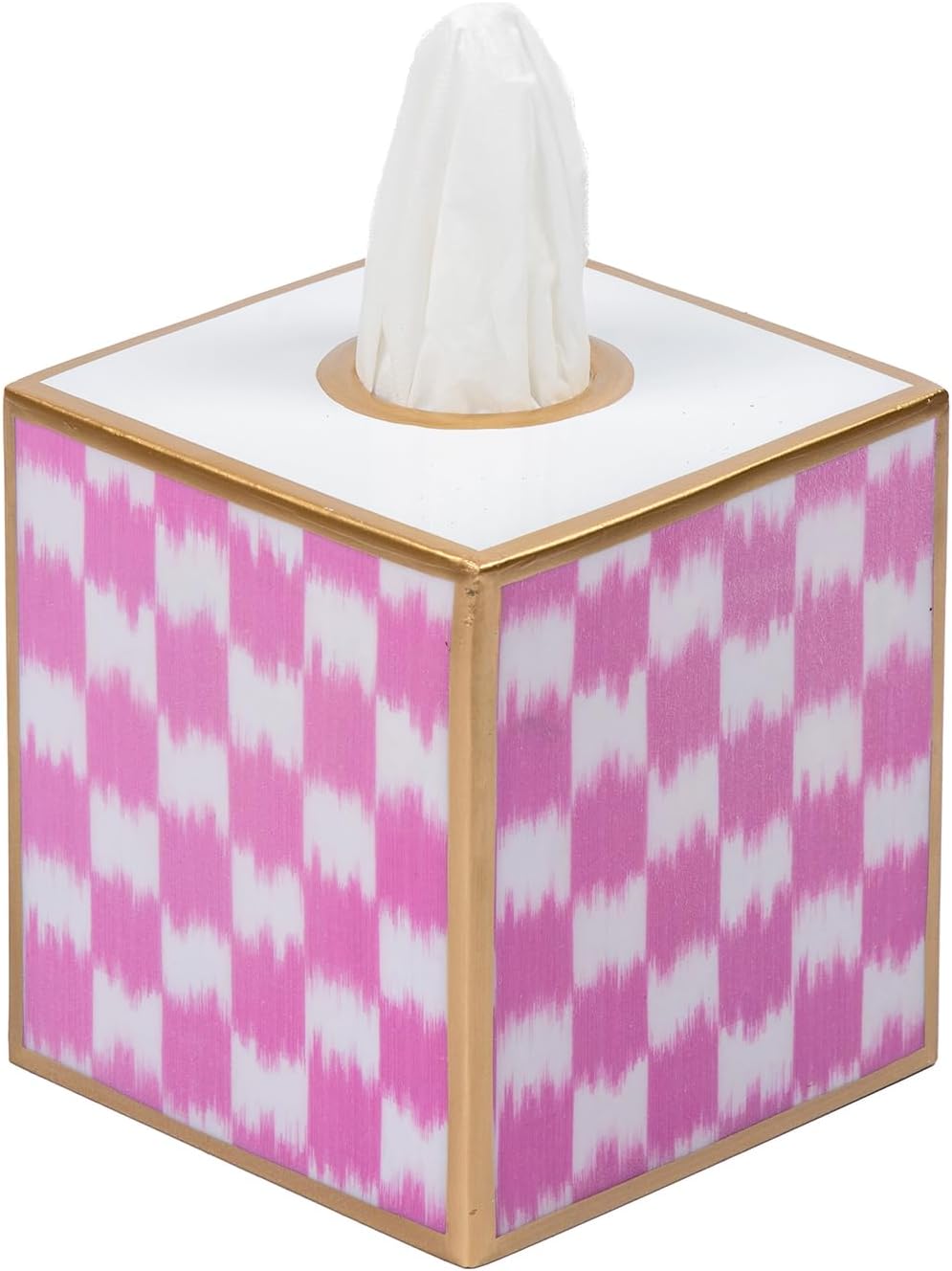 Ikat Checkered Tissue Box Cover Gold Trim, Pink & White Tissue Box Cover Square, Facial Tissue Holder, Enamel Tissue Box Holder for Bathroom Vanity, Bedroom, Office, Checkered Home Decor