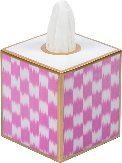 Ikat Checkered Tissue Box Cover Gold Trim, Pink & White Tissue Box Cover Square, Facial Tissue Holder, Enamel Tissue Box Holder for Bathroom Vanity, Bedroom, Office, Checkered Home Decor