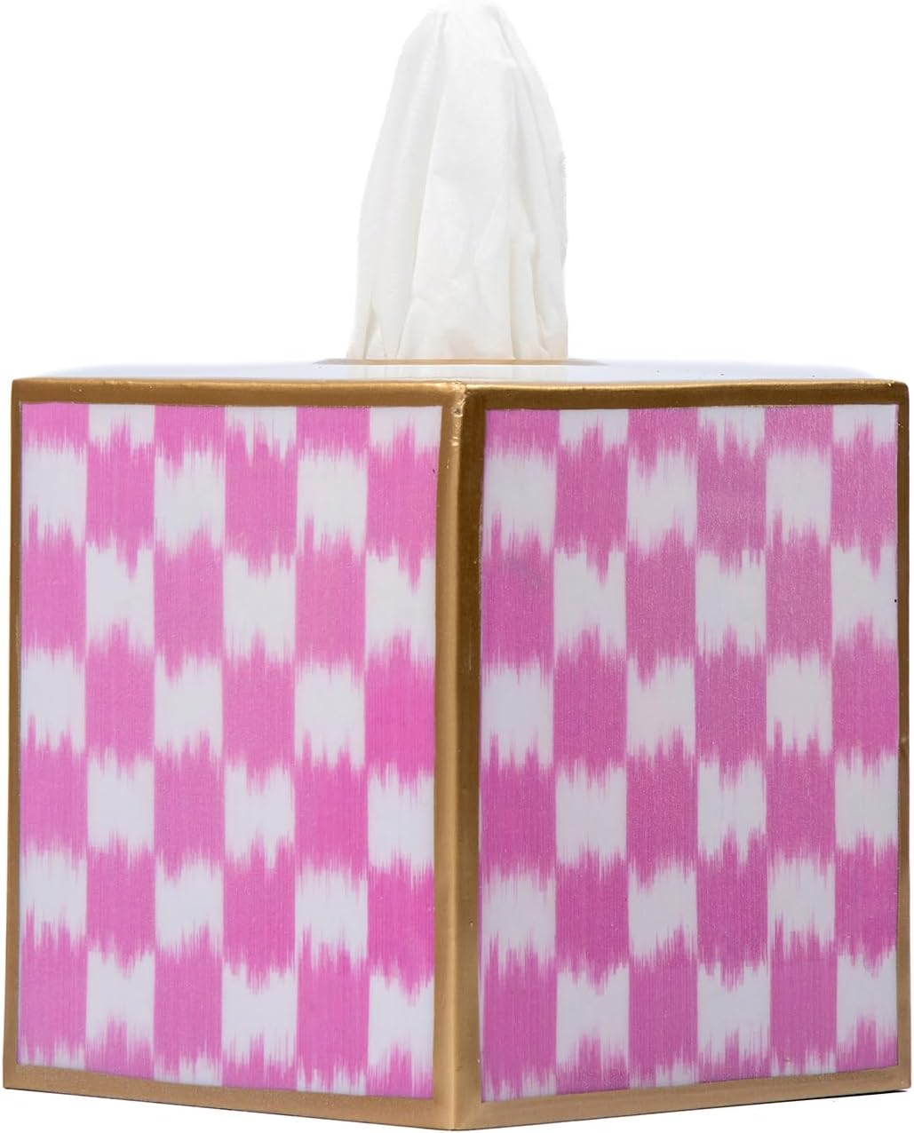 Ikat Checkered Tissue Box Cover Gold Trim, Pink & White Tissue Box Cover Square, Facial Tissue Holder, Enamel Tissue Box Holder for Bathroom Vanity, Bedroom, Office, Checkered Home Decor