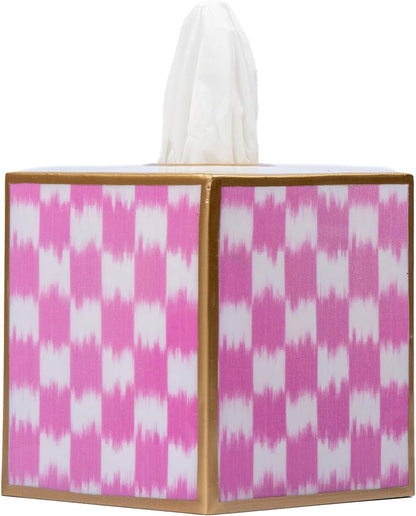 Ikat Checkered Tissue Box Cover Gold Trim, Pink & White Tissue Box Cover Square, Facial Tissue Holder, Enamel Tissue Box Holder for Bathroom Vanity, Bedroom, Office, Checkered Home Decor
