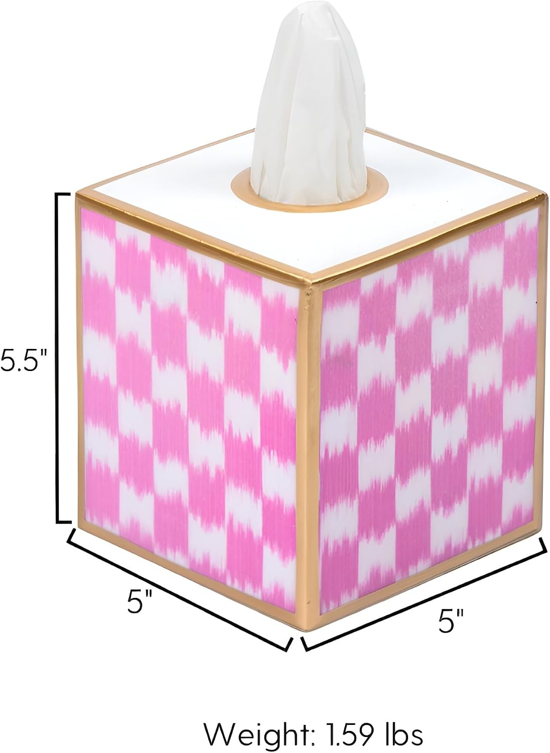 Ikat Checkered Tissue Box Cover Gold Trim, Pink & White Tissue Box Cover Square, Facial Tissue Holder, Enamel Tissue Box Holder for Bathroom Vanity, Bedroom, Office, Checkered Home Decor