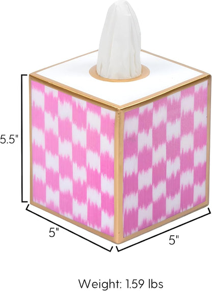 Ikat Checkered Tissue Box Cover Gold Trim, Pink & White Tissue Box Cover Square, Facial Tissue Holder, Enamel Tissue Box Holder for Bathroom Vanity, Bedroom, Office, Checkered Home Decor
