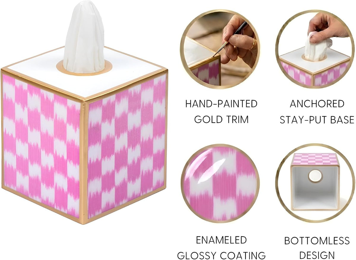 Ikat Checkered Tissue Box Cover Gold Trim, Pink & White Tissue Box Cover Square, Facial Tissue Holder, Enamel Tissue Box Holder for Bathroom Vanity, Bedroom, Office, Checkered Home Decor